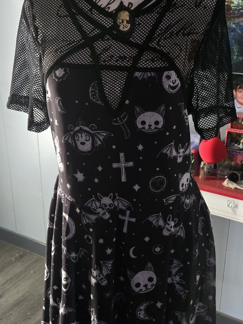Shein Black Dress. Pentagram And Fishnet Top. Bats N Cats. Skater Style. Sz. XL